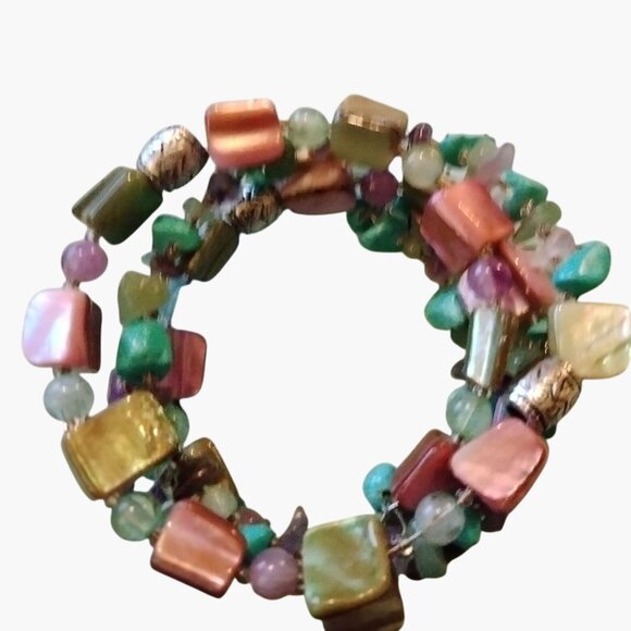 Shell Turquoise Bead Wrap Bracelet Beaded Adjustable Colorful Beachy Coastal - Picture 6 of 6